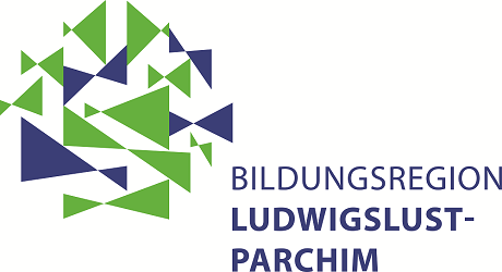 Logo der Bildungsregion Ludwigslust-Parchim. Mehrere gr&uuml;ne und blaue Dreiecke angeordnet im Kreis. Unten rechts in blauer Schrift "Bildungsregion Ludwigslust-Parchim"
