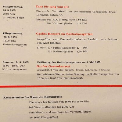 Detailansicht Veranstaltungsplan Klubhaus "Kurt Bürger" Mai 1955